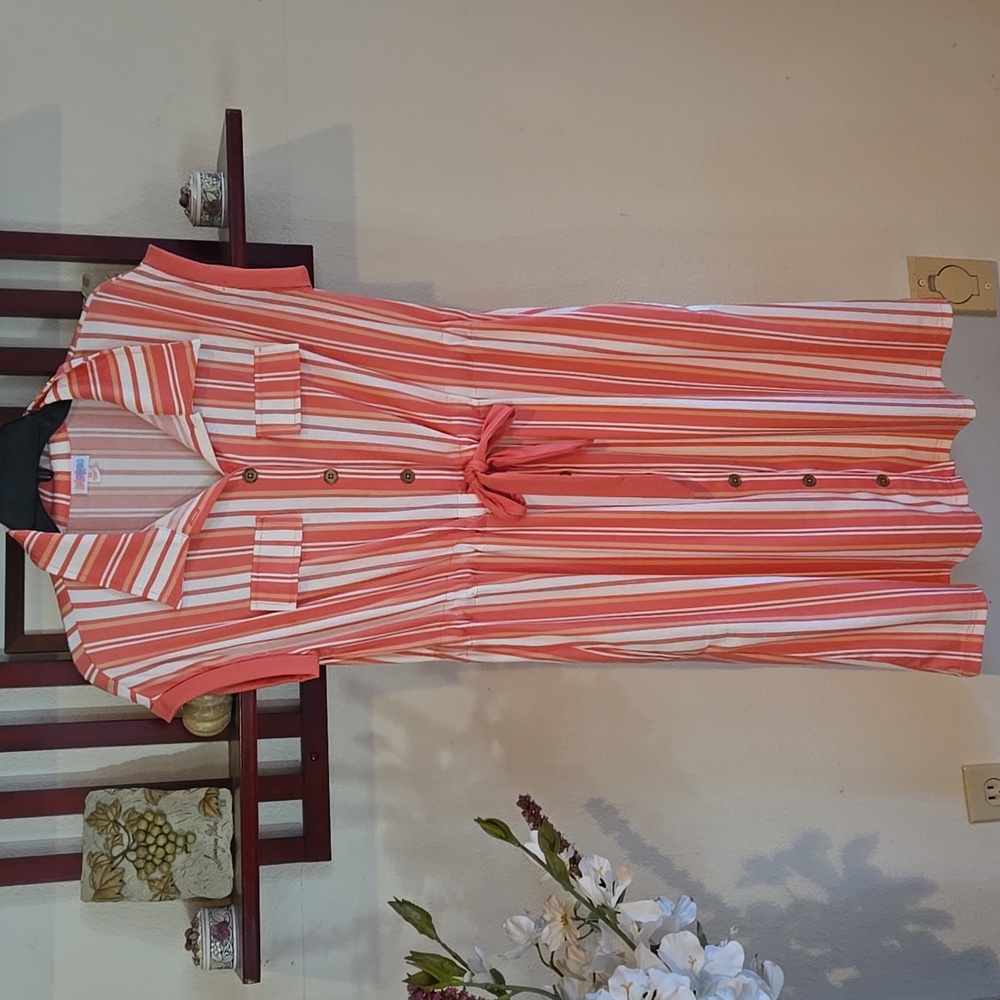 LuLaRoe Coral and White Striped Button-Front Dress